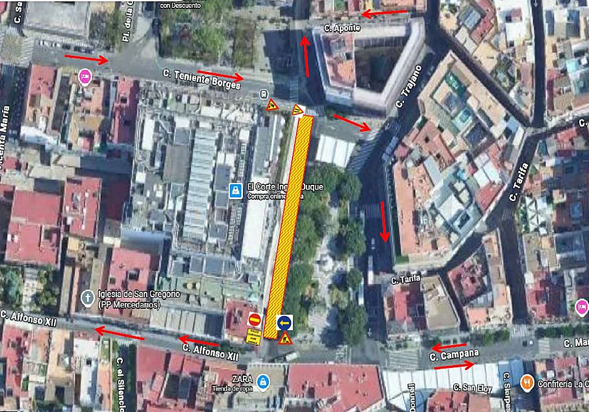Cierre de la Plaza del Duque en Sevilla, que estará cortada al tráfico durante un mes